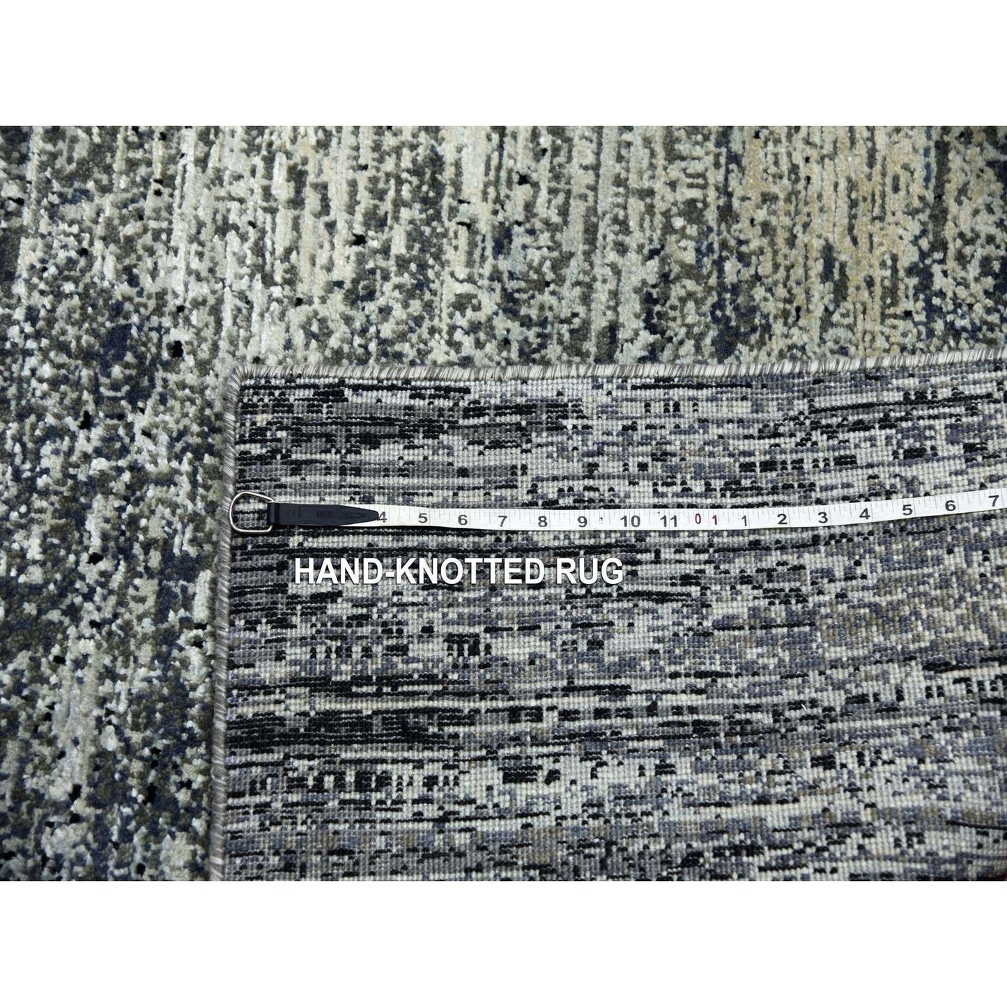 6'1"X6'1" Black Wool/Silk Hand Knotted Striae Design Square Oriental Rug