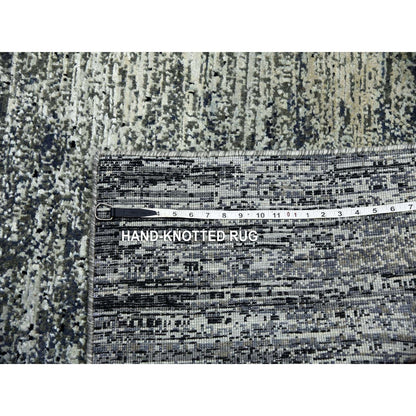 6'1"X6'1" Black Wool/Silk Hand Knotted Striae Design Square Oriental Rug