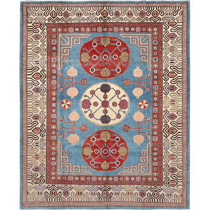 8'X9'9" Fjord Blue Afghan Special Kazak Pure Wool Hand Knotted Oriental Rug