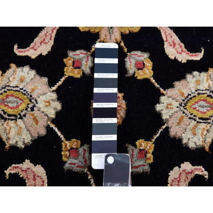 2'7"X10' Black Wool Silk Hand Knotted Rajasthan Leaf Design Runner Rug