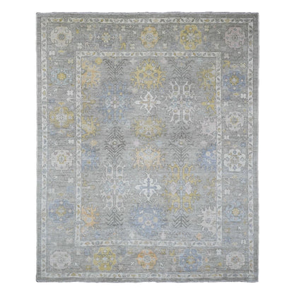 8'X9'7" Gray Afghan Angora Oushak Leaf Pattern Hand Knotted Pure Wool Rug