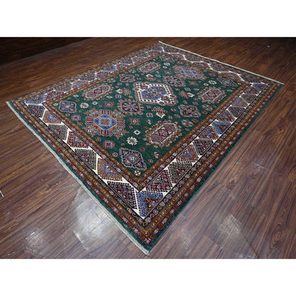 8'3"X10' Green Hand Knotted Super Kazak Tribal Elements Wool Oriental Rug