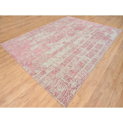 9'X11'10" Pink Jacquard Hand Loomed All Over Design Wool And Silk Rug