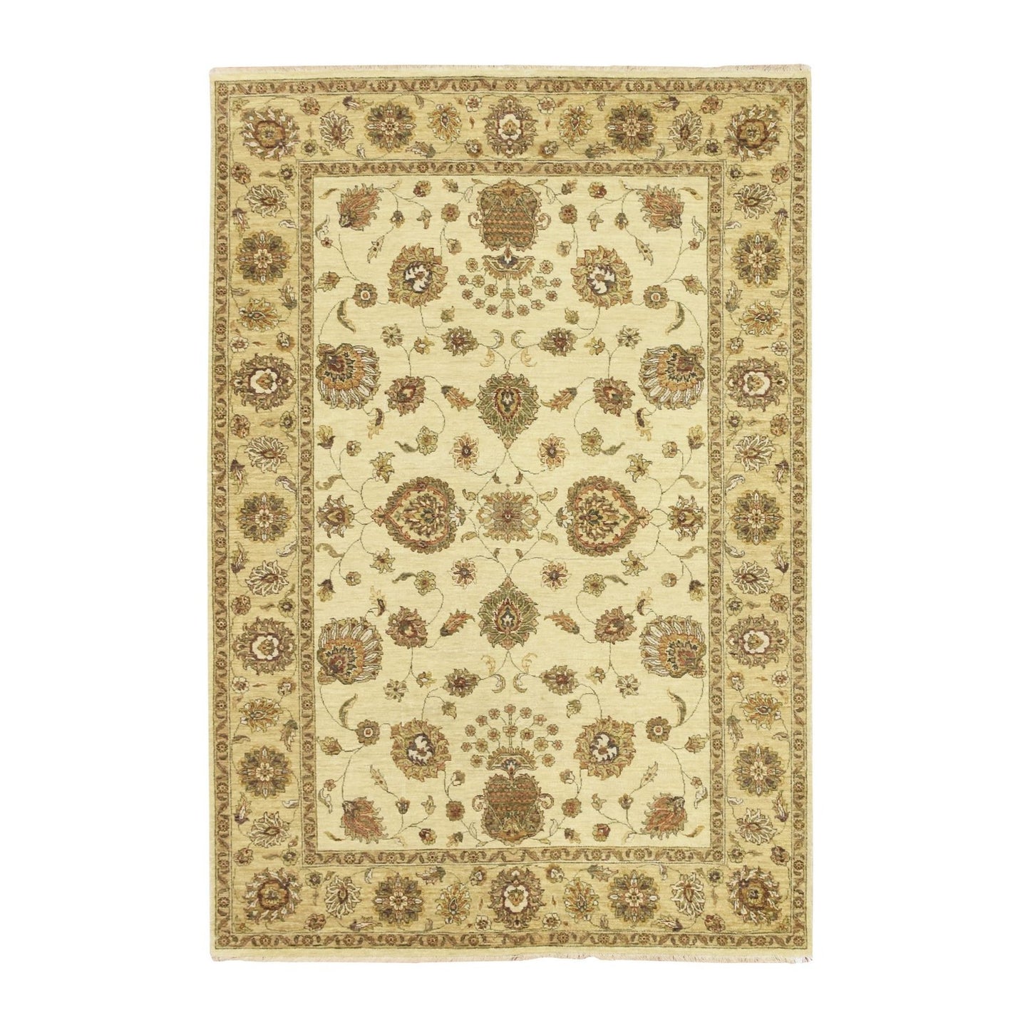 5'5"X8' Linen White Agra Colorful Leaf Pattern Hand Knotted Pure Wool Rug
