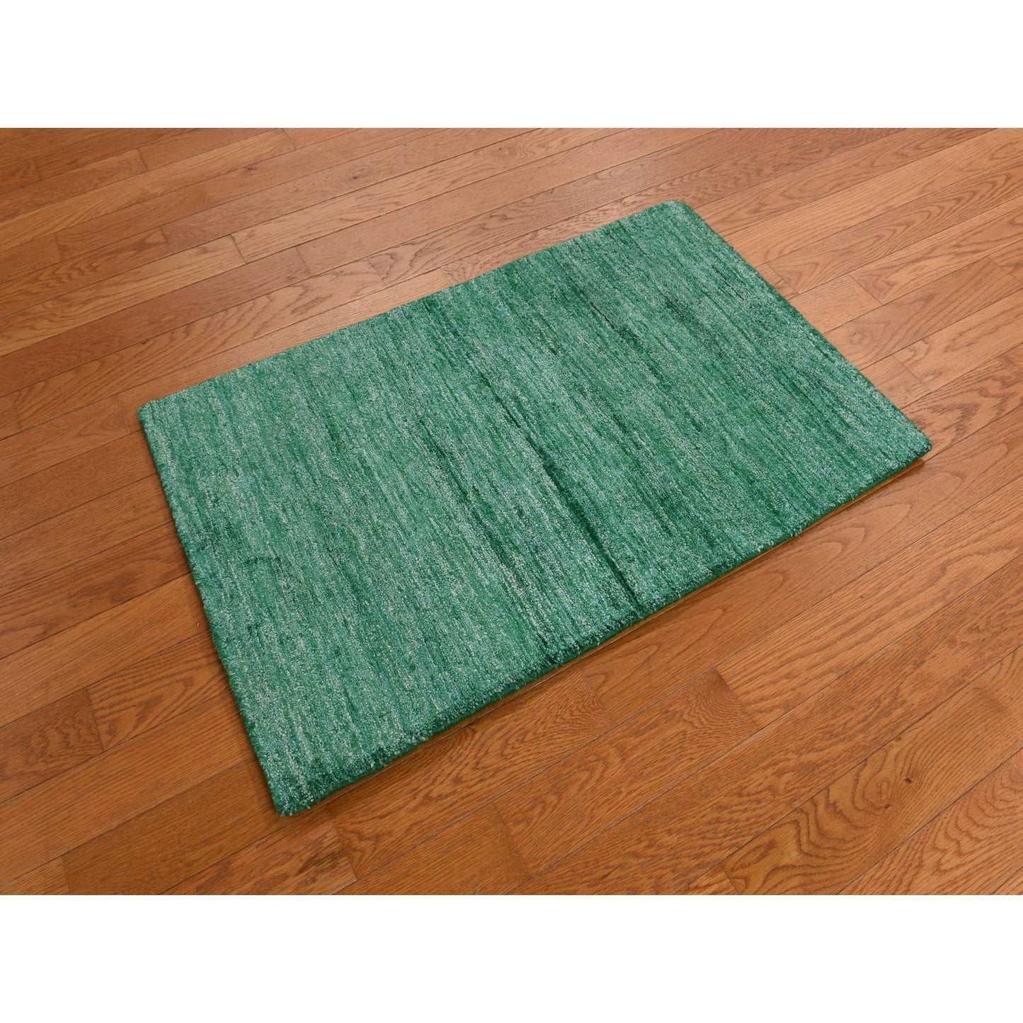 Solid Design Sample Silk Hand Knotted Mat Rug Green Plain 2'x3'1