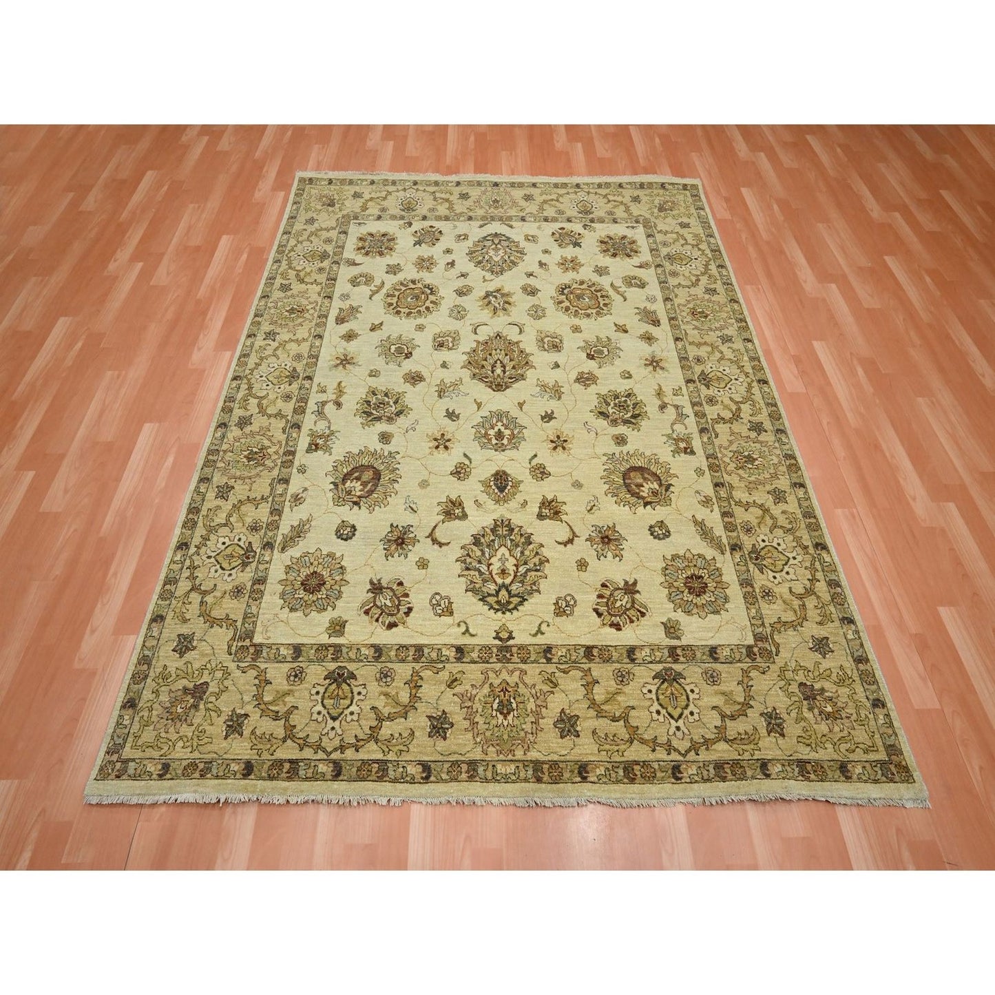 6'5"X8'2" Ivory Agra Ziegler Design Leaf Pattern Hand Knotted Wool Rug