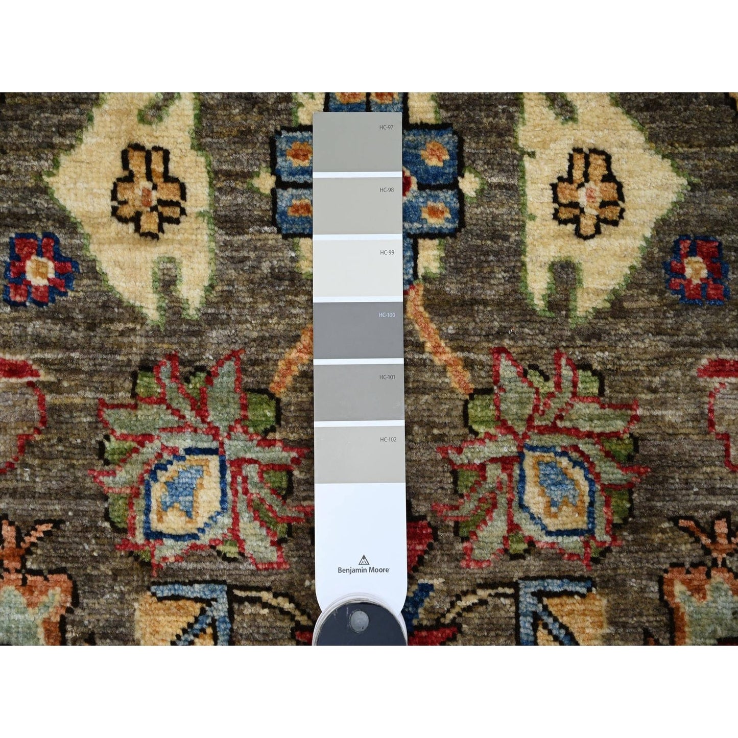 3'1"X6' Dim Gray Peshawar Heris Design Pure Wool Hand Knotted Runner Rug