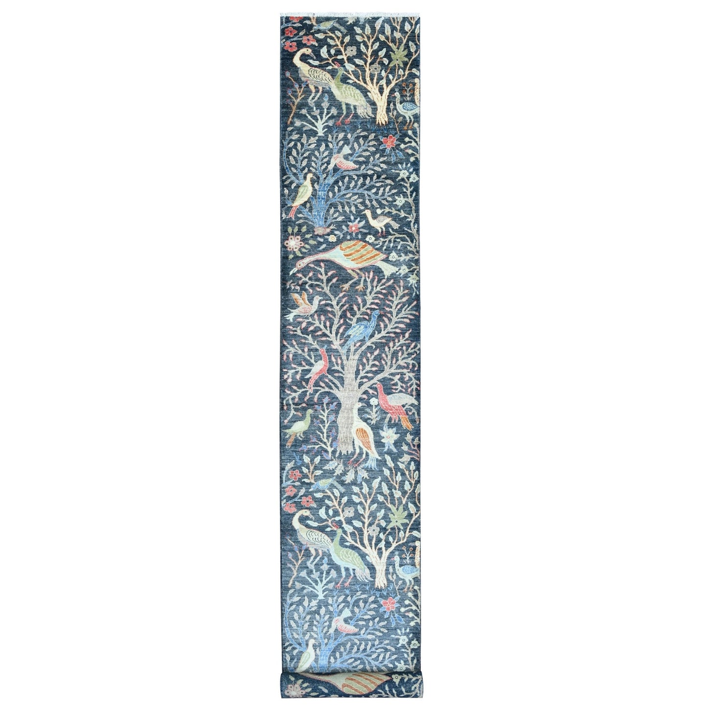 2'6"X19'3" Blue Peshawar Birds Design Hand Knotted Soft Wool Runner Rug