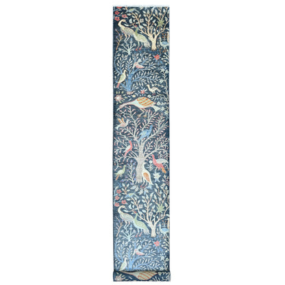 2'6"X19'3" Blue Peshawar Birds Design Hand Knotted Soft Wool Runner Rug