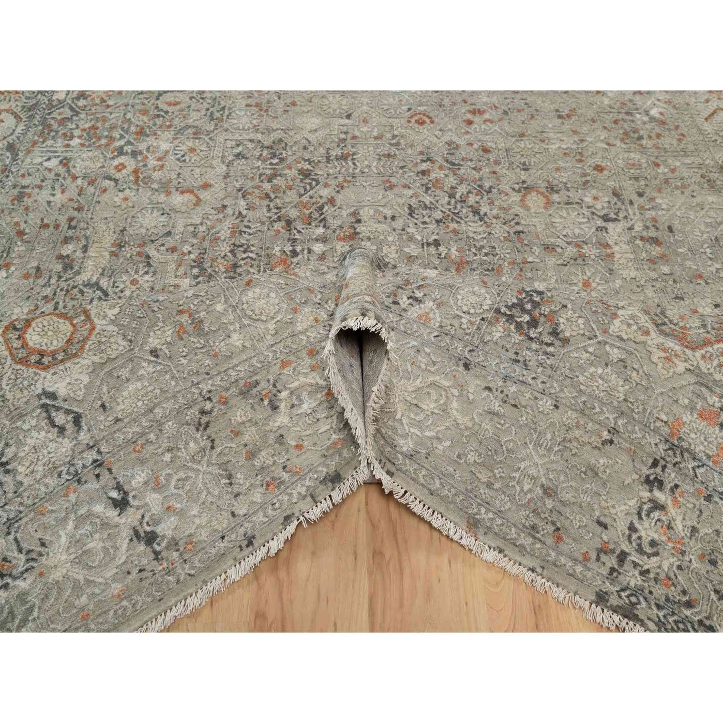 7'9"X10' Gray Broken And Erased Mamluk Design Hand Knotted 100% Wool Rug