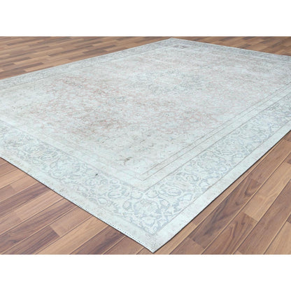 9'8"X12'10" Worn Wool Hand Knotted Ivory Vintage Farsian Karman Rug