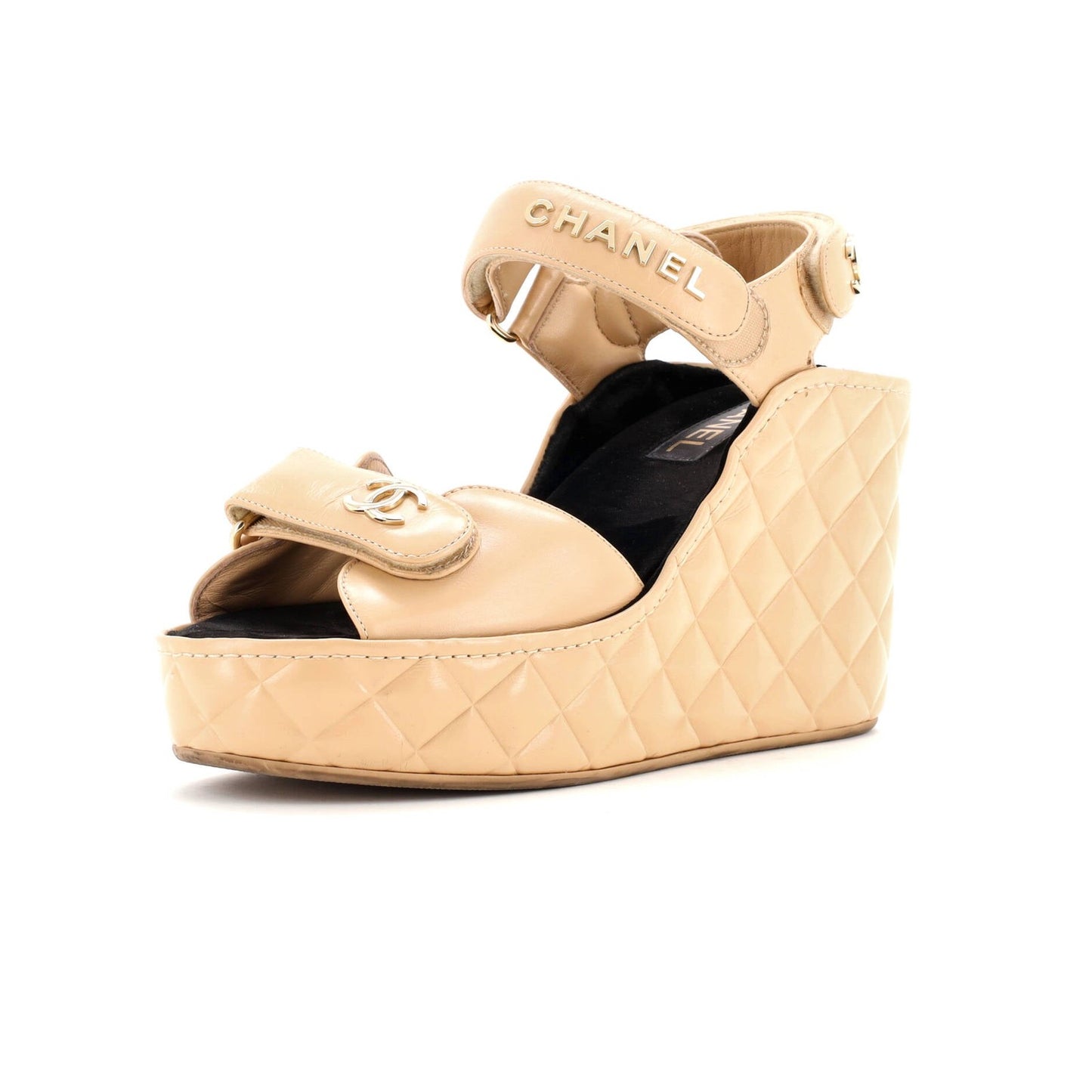 Chanel Women'S Logo Strap Wedge Sandals Quilted Leather