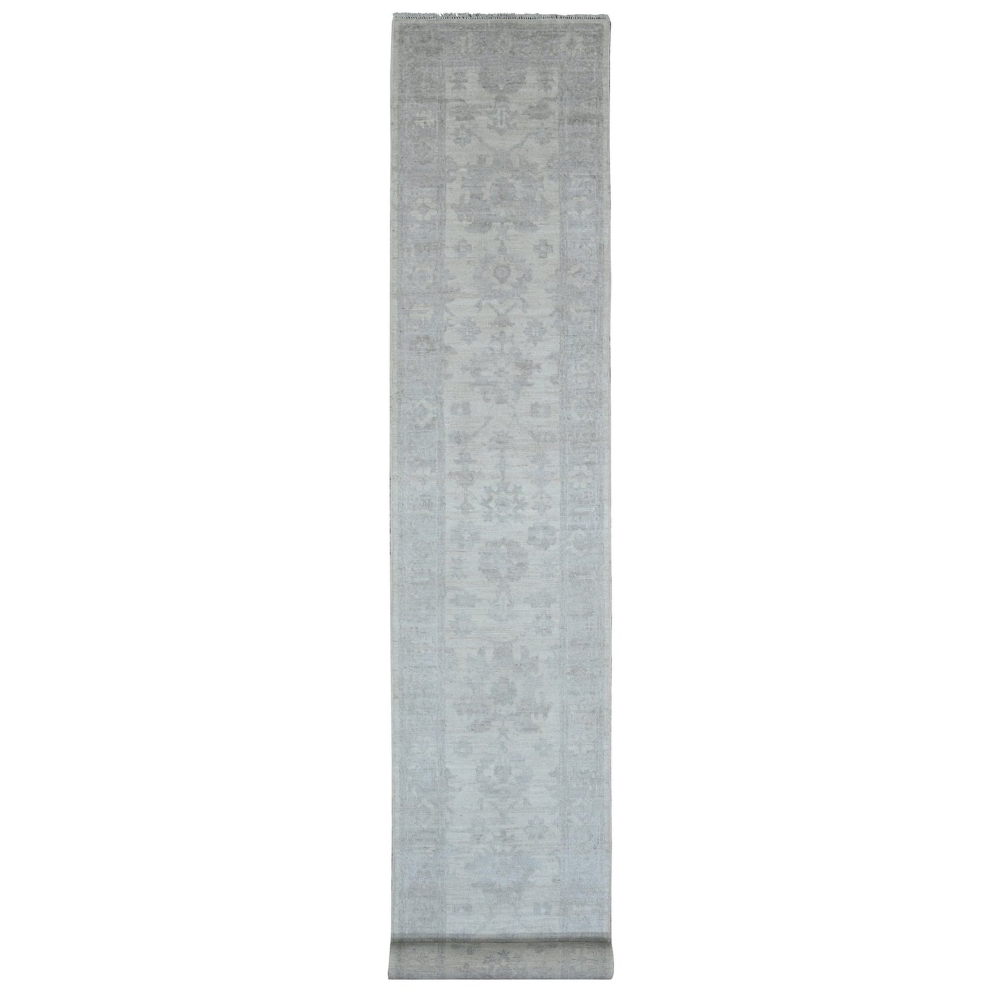 2'8"X19'5" White Afghan Angora Oushak Hand Knotted All Wool Runner Rug