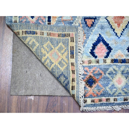 3'2"X10'1" Arctic Blue Hand Knotted Village Inspired Shiny Wool Rug