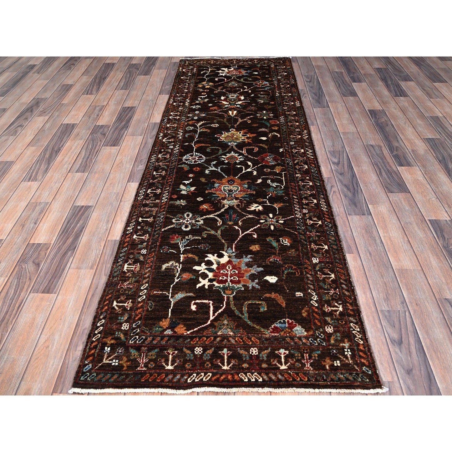 2'8"X8'6" Brown Pure Wool Afghan Sultani Oriental Runner Rug
