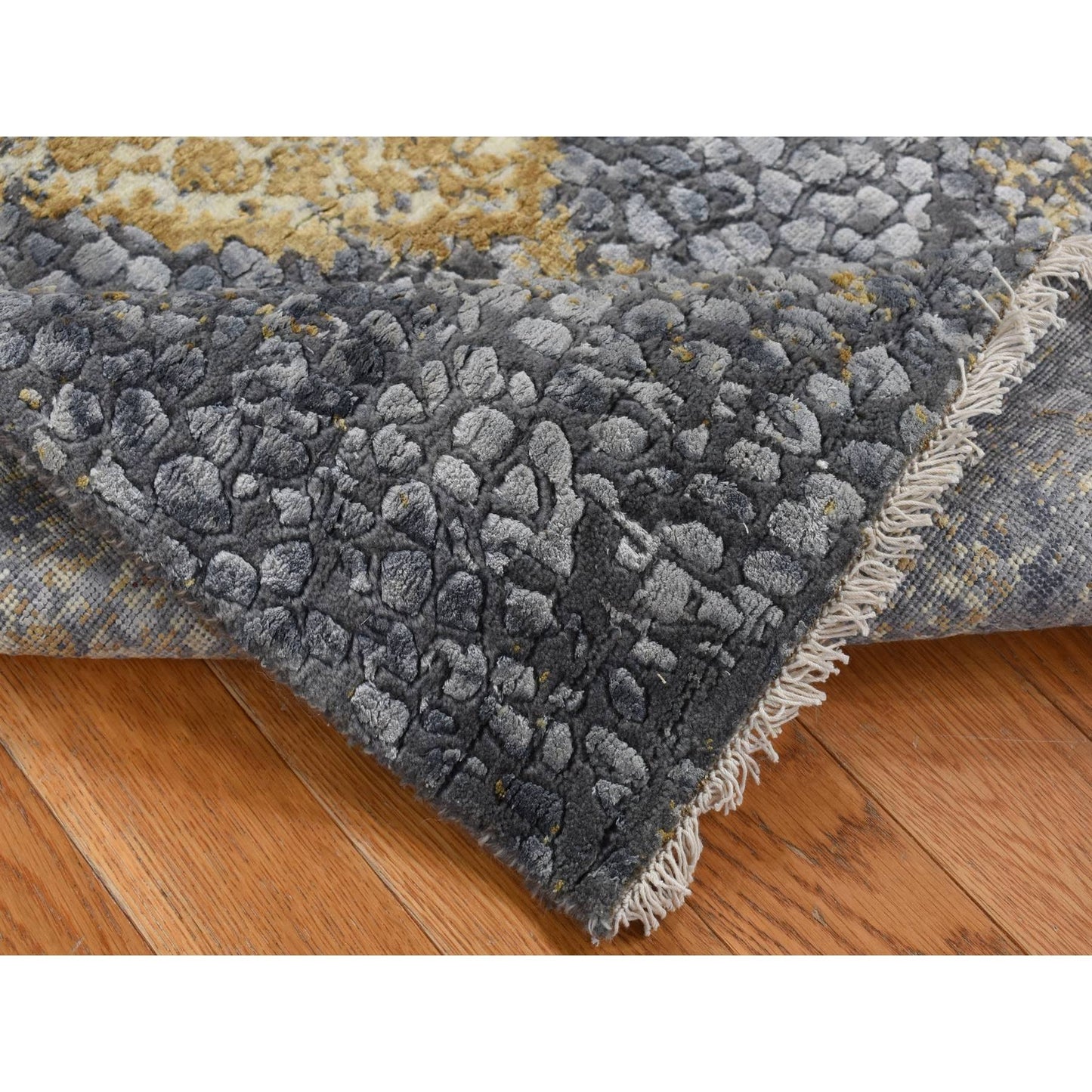 3'X8' Gray Zoroastrian Design Wool And Silk Hand Knotted Wide Runner Rug