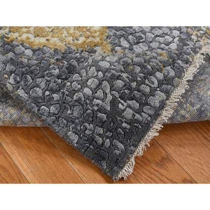 3'X8' Gray Zoroastrian Design Wool And Silk Hand Knotted Wide Runner Rug