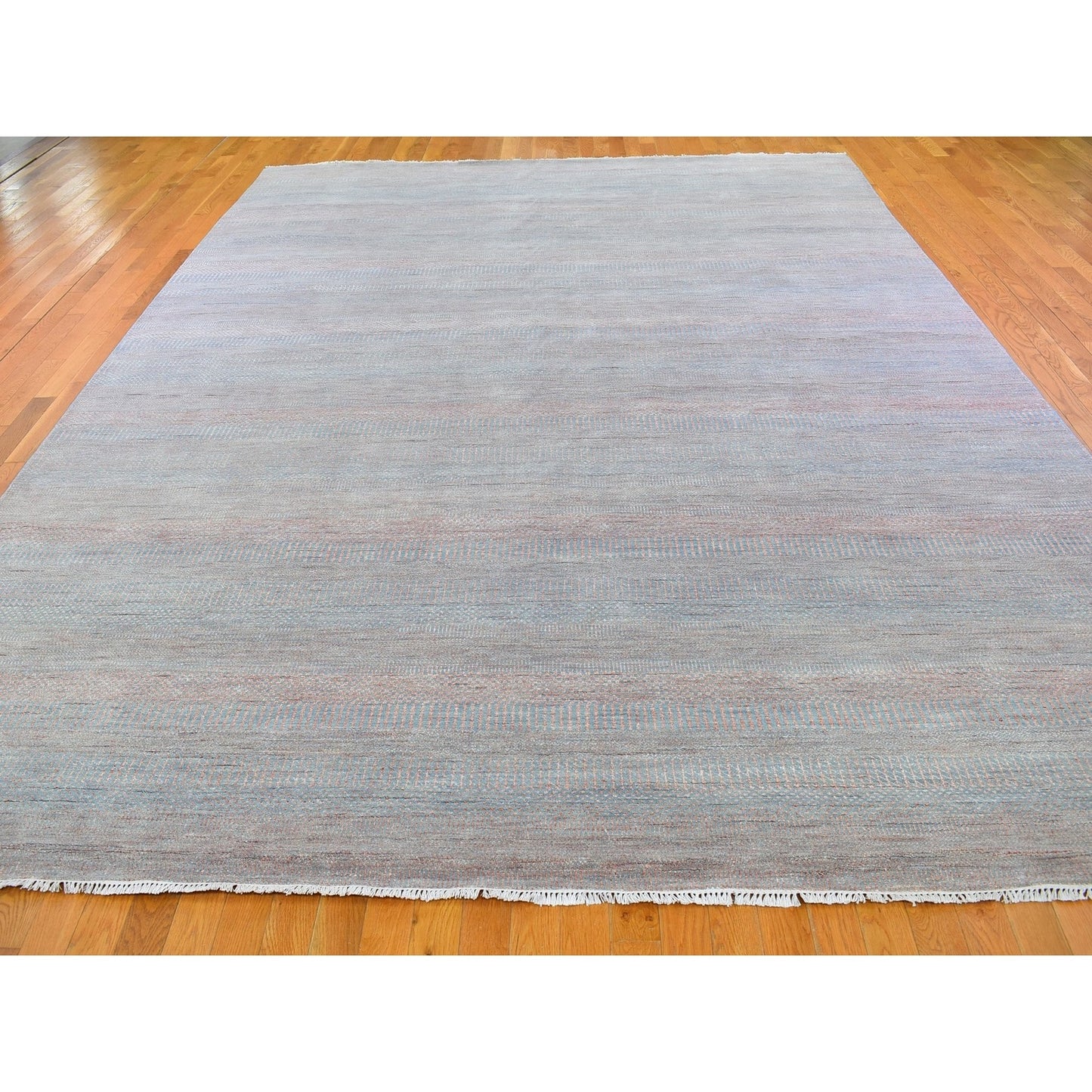 10'X14'2" Blue With Touches Of Peach Grass Design Wool&Silk Hand Made Rug