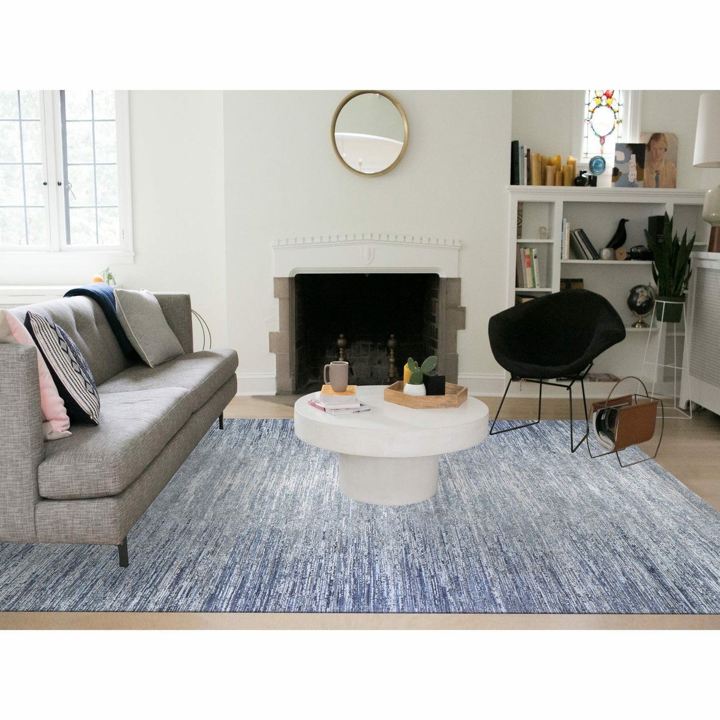 10'x14' Horizontal Ombre Design Hand Knotted Denim Blue Wool and Silk Rug
