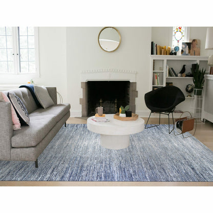 10'x14' Horizontal Ombre Design Hand Knotted Denim Blue Wool and Silk Rug
