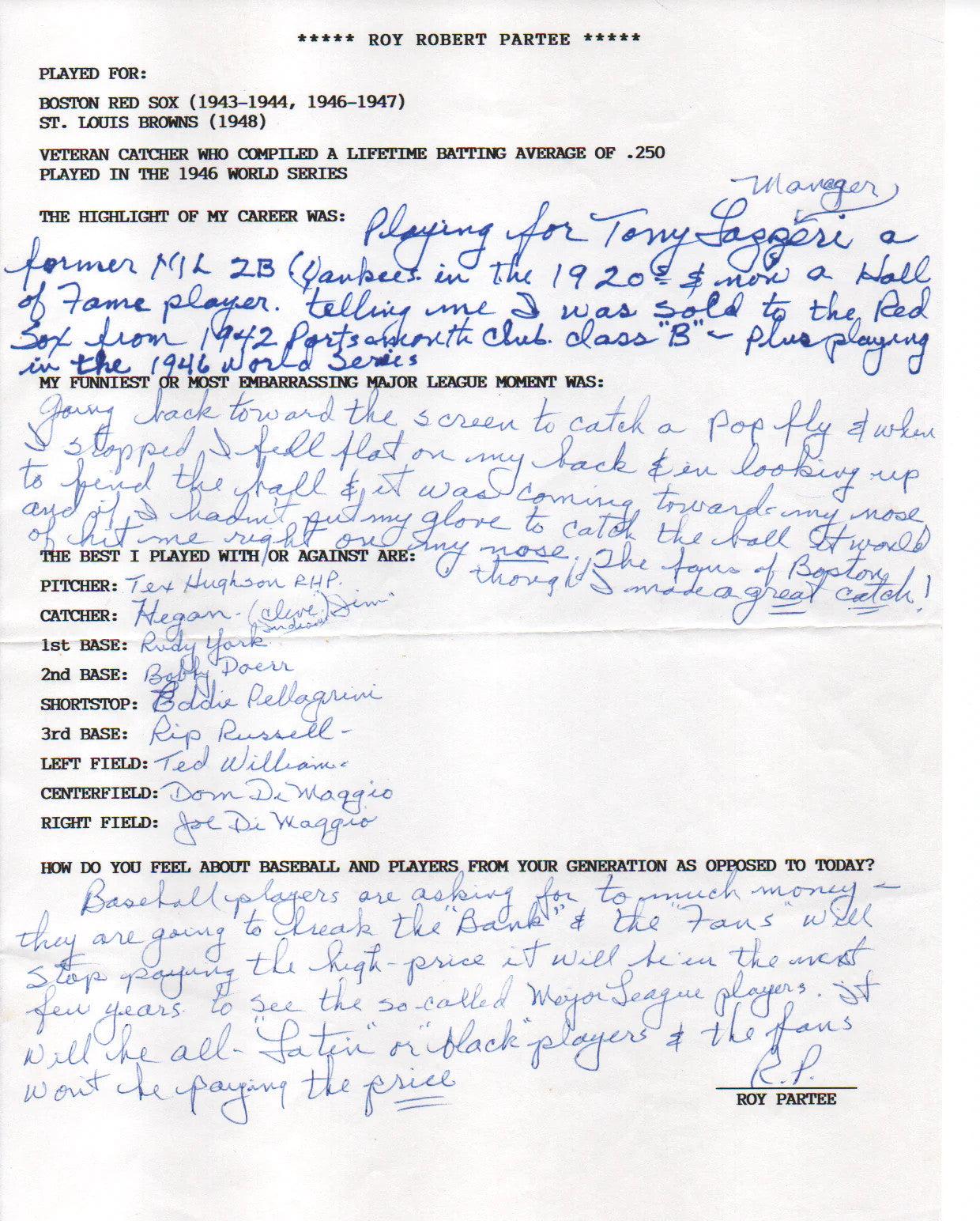 Roy Partee Autographed Hand Filled Out Survey Page (Jsa)