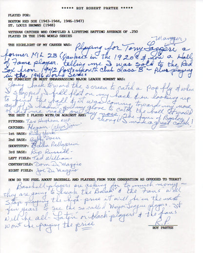 Roy Partee Autographed Hand Filled Out Survey Page (Jsa)