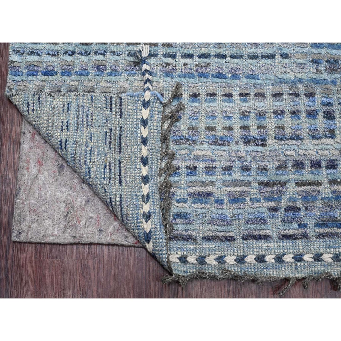 8'1"X10'8" Blue With Gray Moroccan Weave Hand Knotted Soft Wool Rug