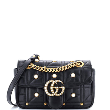 Gucci Pearly Gg Marmont Flap Bag Embellished Matelasse Leather Mini