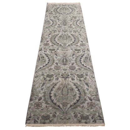 3'X11'10" Mist Gray Flower Design Silk With Wool Hand Knotted Runner Rug