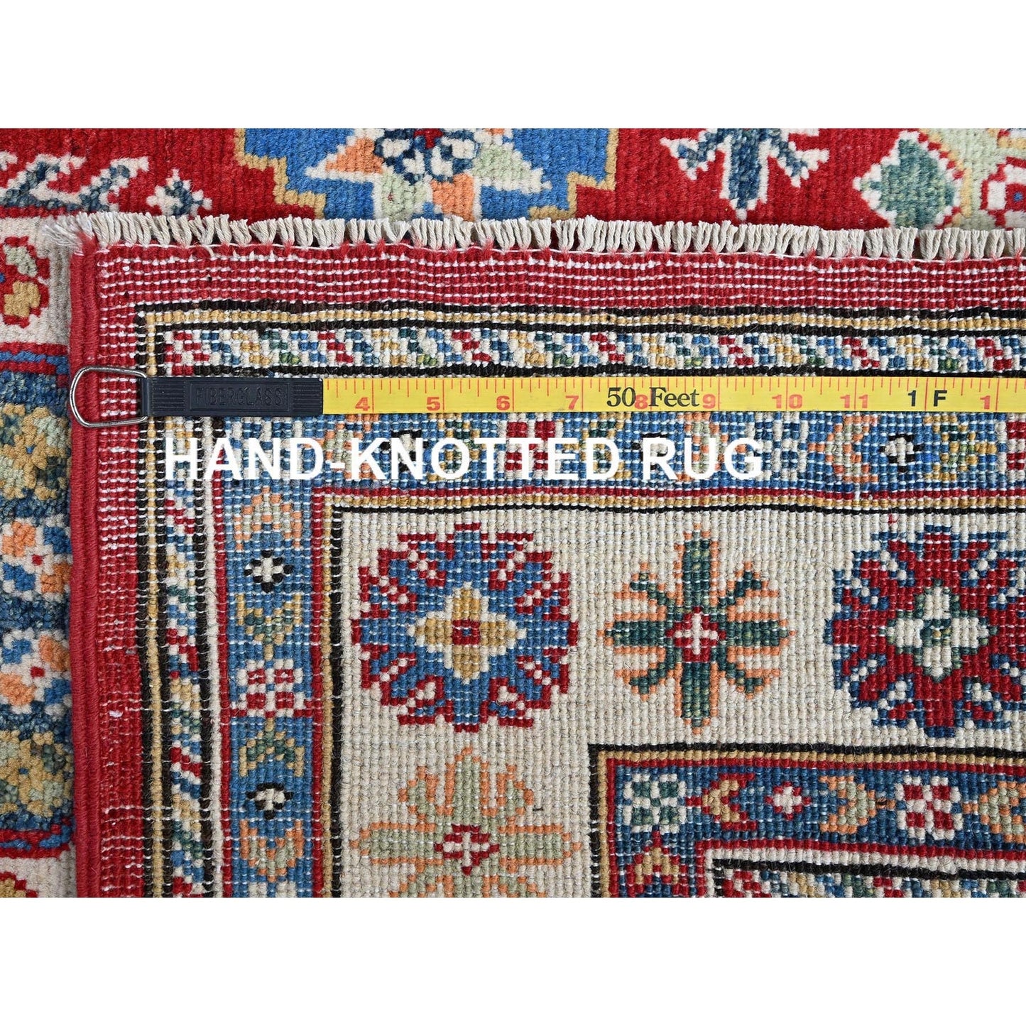 3'3"X4'10" Red Kazak With Geometric Design Hand Knotted Wool Oriental Rug