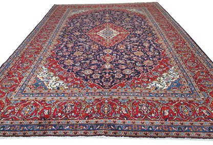 Hand knotted oriental rug navy purple floral traditional vintage carpet
