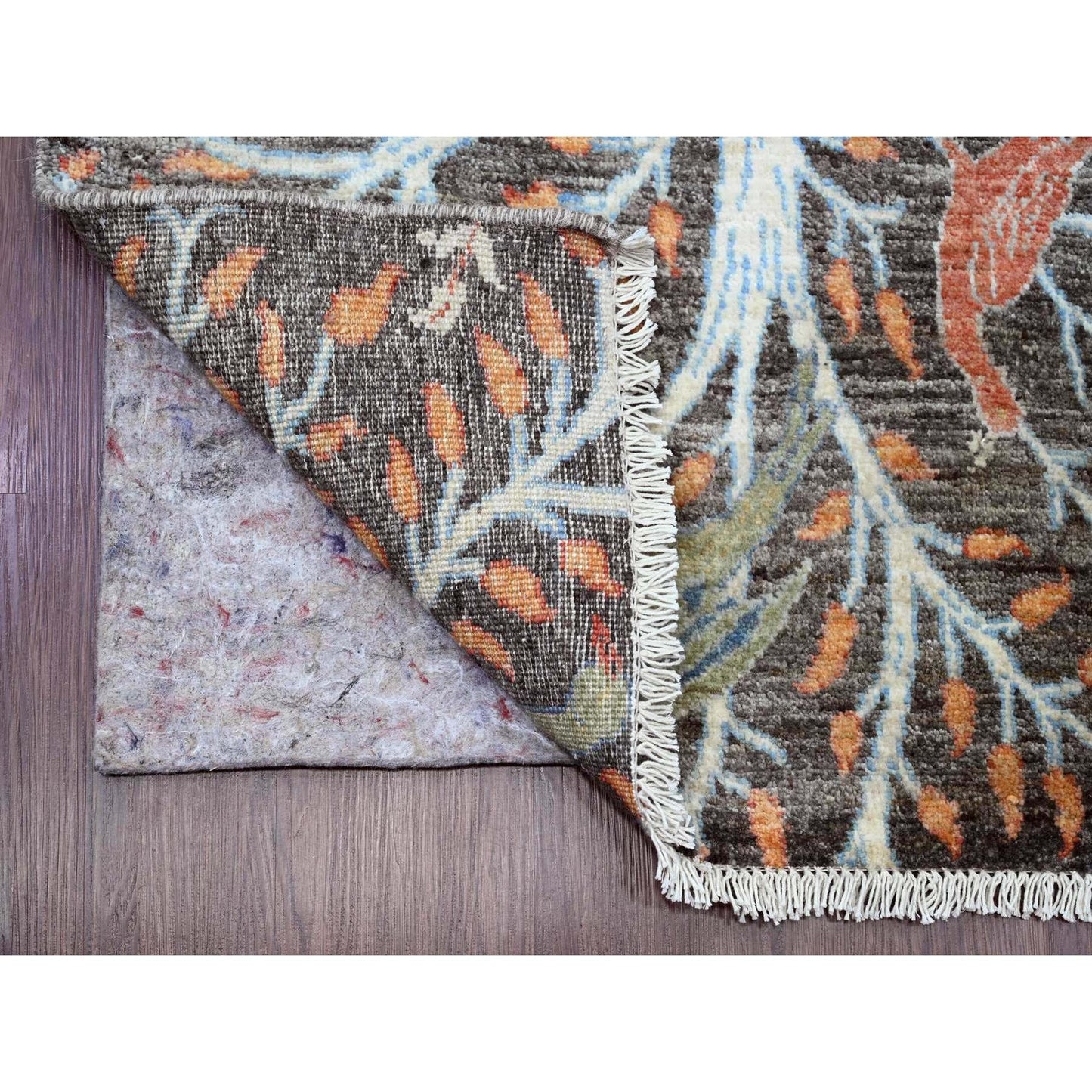 2'7"X23'7" Gray Afghan Peshawar Birds Design Hand Knotted Wool Runner Rug