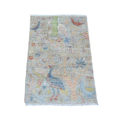 2'1"X3'1" Gray Hand Knotted Birds Of Paradise Design Soft Wool Mat Rug