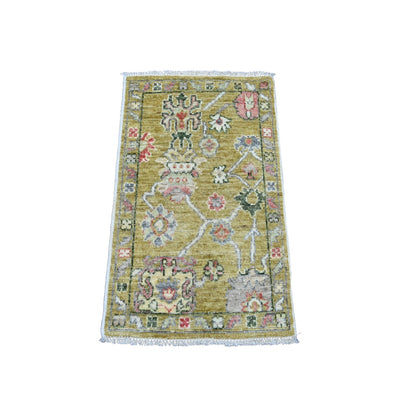 2'X3'1" Yellow Hand Knotted Afghan Angora Oushak Leaf Design Wool Mat Rug