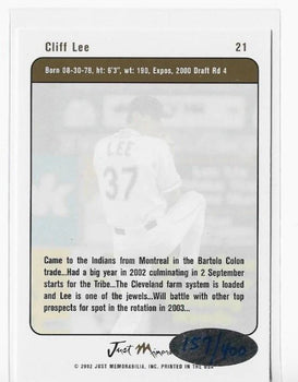 Cliff Lee 2002 Just Minors #21 (157/400) Autograph/Signed Card