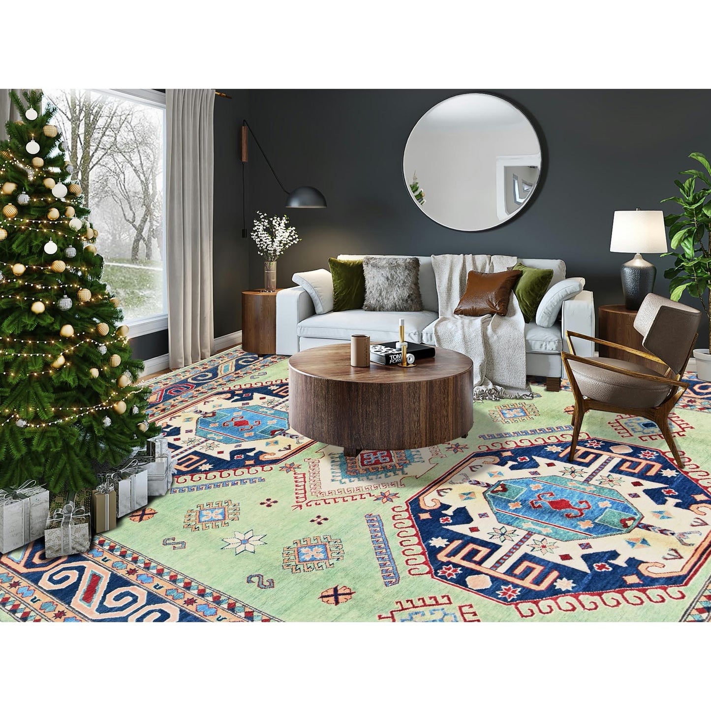 8'4"X9'7" Green Afghan Special Kazak Geometric Design Wool Hand Knotted Rug