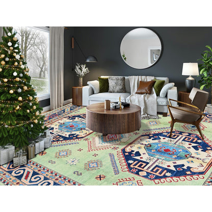 8'4"X9'7" Green Afghan Special Kazak Geometric Design Wool Hand Knotted Rug