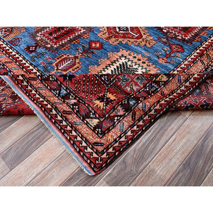 10'X13'6" Blue Afghan Ersari Caucasian Design Revival Hand Knotted Wool Rug