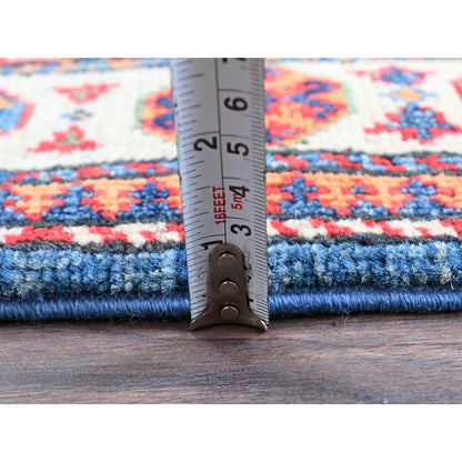 2'8"X4' Blue Kazak With Tribal Design Hand Knotted Soft Wool Sample Rug