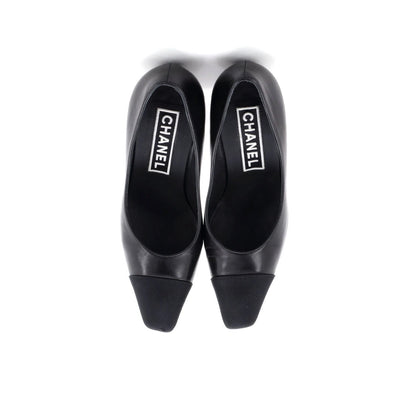 Chanel Women'S Cap Toe Cc Block Heel Pumps Leather With Grosgrain