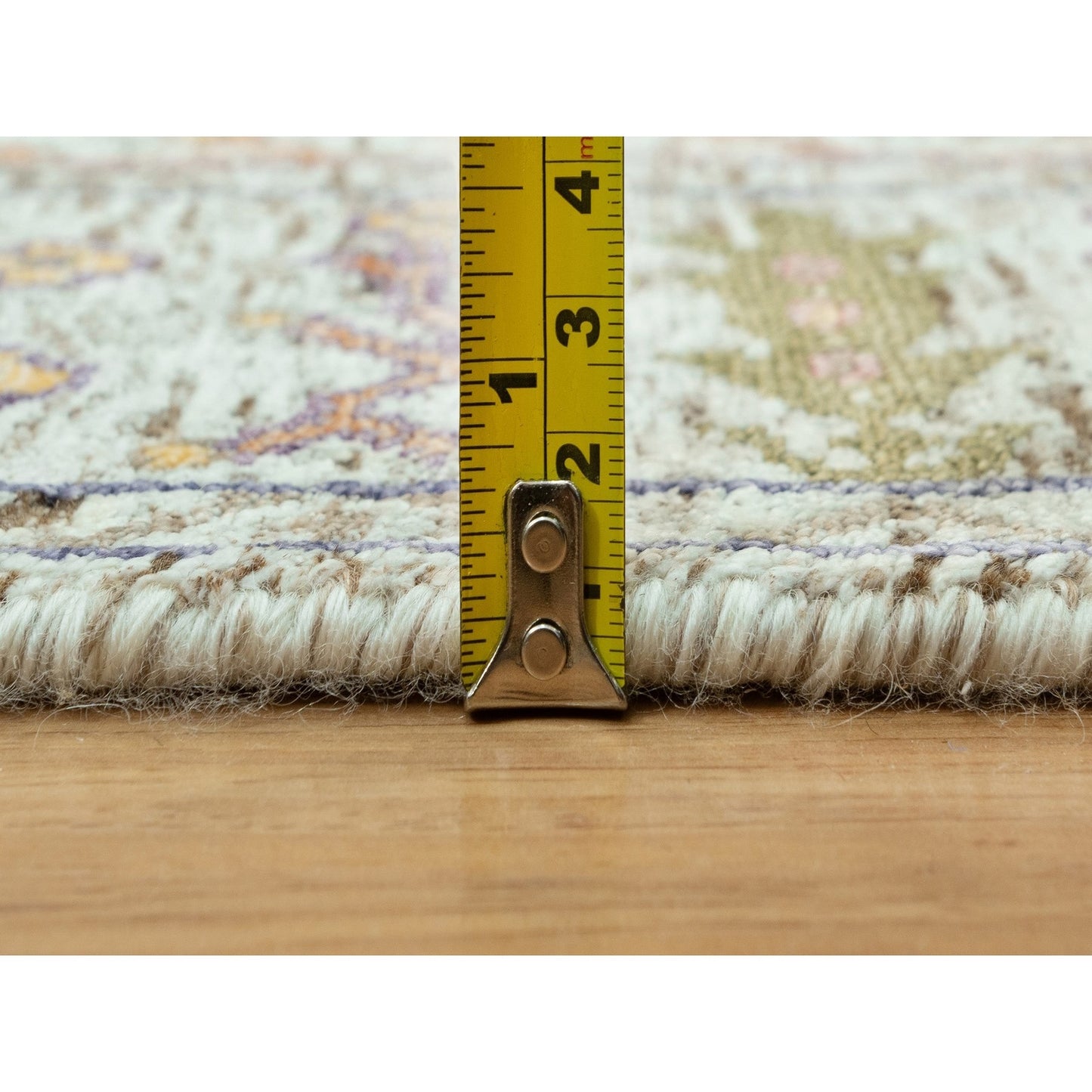 4'1"X12' Beige Hand Knotted Vase Design Silk And Wool Wide Runner Rug