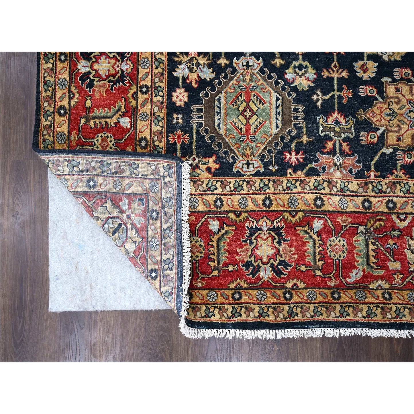 8'X8' Black Wool Karajeh Design Hand Knotted Square Oriental Rug