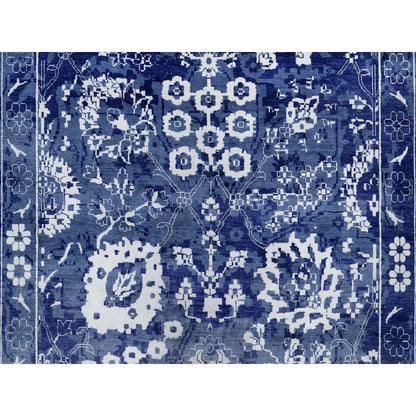 9'10"X14' Blue Tebraz With Leaf Design Hand Knotted Wool And Silk Rug