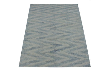 5x8 Hand-Tufted Oriental Area Rug - Zig-Zag Art Deco Blue & Cream