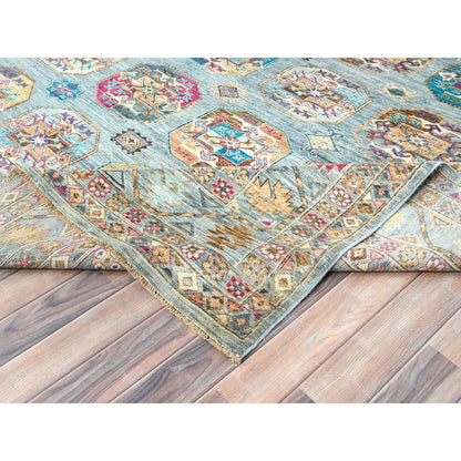 8'8"X11'9" Light Blue Soft Wool Hand Knotted Afghan Super Kazak Rug