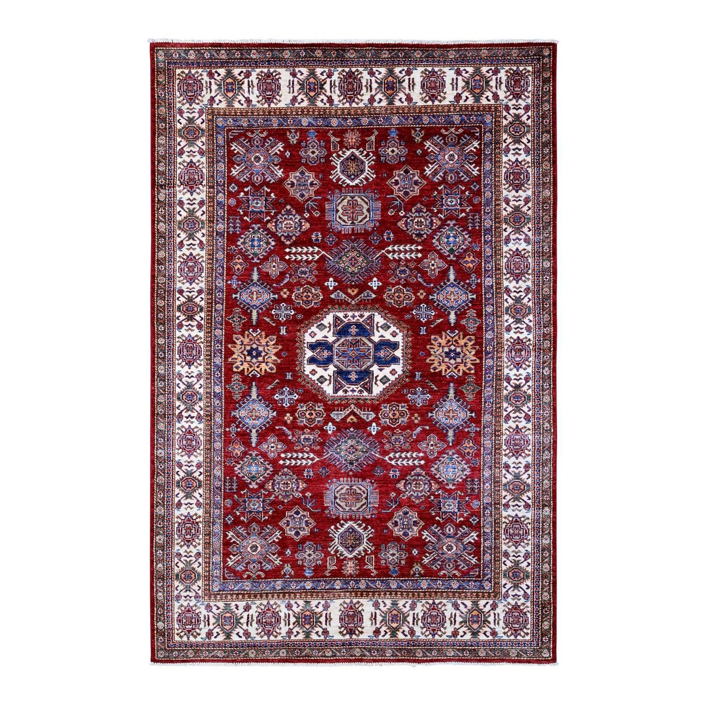 6'1"X9'3" Currant Red Hand Knotted Super Kazak Geometric Oriental Rug