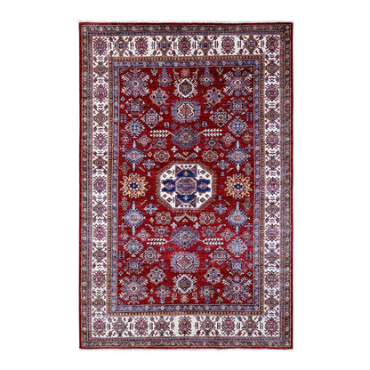 6'1"X9'3" Currant Red Hand Knotted Super Kazak Geometric Oriental Rug