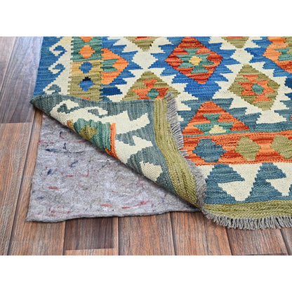 2'10"X8'3" Blue Flat Weave Geometric Afghan Kilim Pure Wool Runner Rug