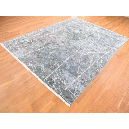 7'7"X10'1" Gray Hand Knotted Broken Zoroastrian Design Silk With Wool Rug