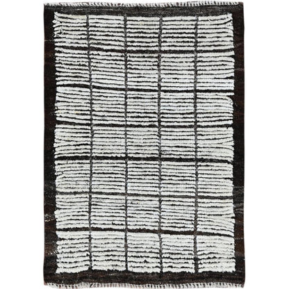 2'1"X3' White Moroccan Weave With Box Design Pure Wool Hand Knotted Rug
